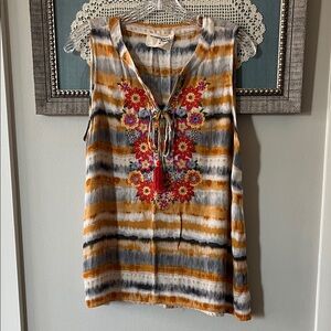 Savanna Jane Mustard, Gray & White Sleeveless Embroidered Tie-Front Tunic